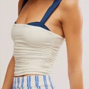 free people white tank with ruched sides and navy strap size m